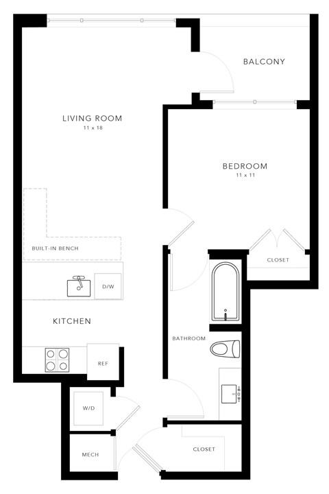 Floor plan for 1 bed, 1 bath, 630 sqft